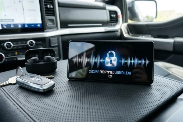 Encrypted digital screen showing audio waveforms.