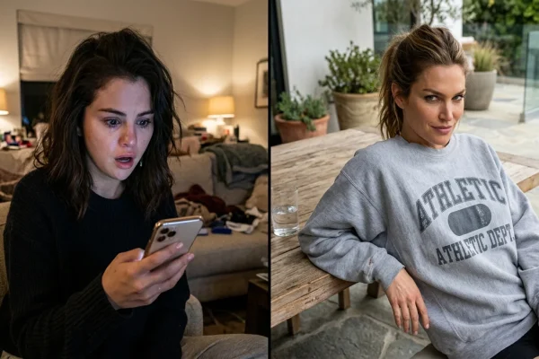 Selena Gomez and Bella Hadid looking serious in a split-screen celebrity news graphic
