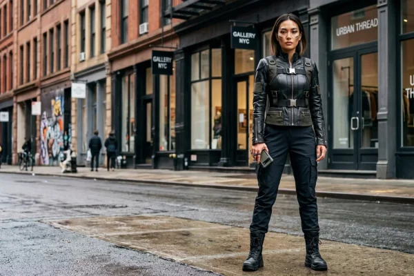 Actresses wearing modern tactical and Greek-inspired fashion on a New York stage.