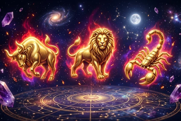 Astrological birth chart glowing red with cosmic warning signs over fixed constellations.
