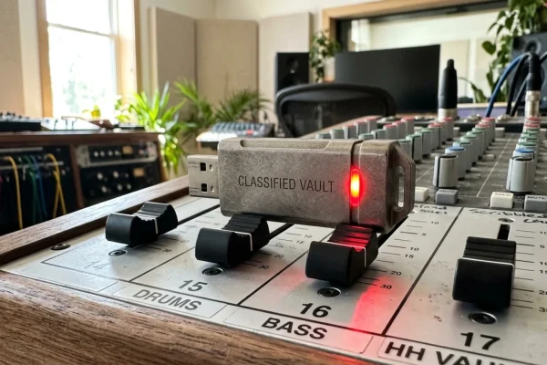 A glowing studio mixing board displaying a hidden audio file.