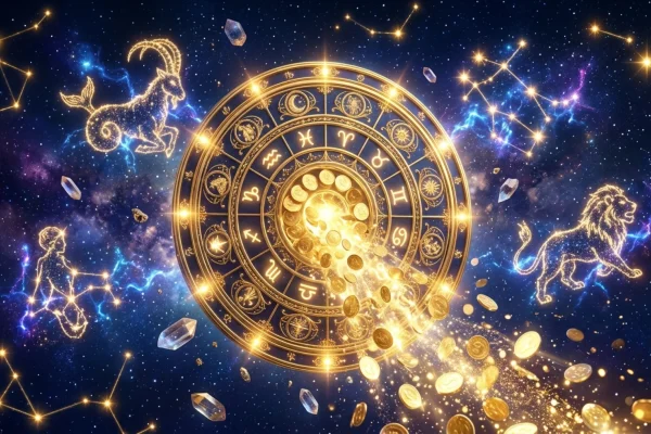 Golden astrological natal chart hovering over glowing digital currency and scattered gold coins.