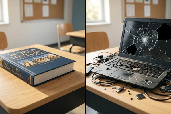 A large recycling bin overflowing with cracked and broken school laptops.