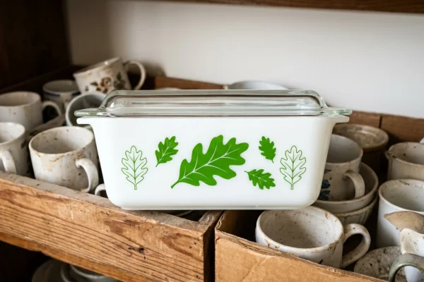 White vintage Pyrex loaf pan lid featuring a large green oak leaf pattern.