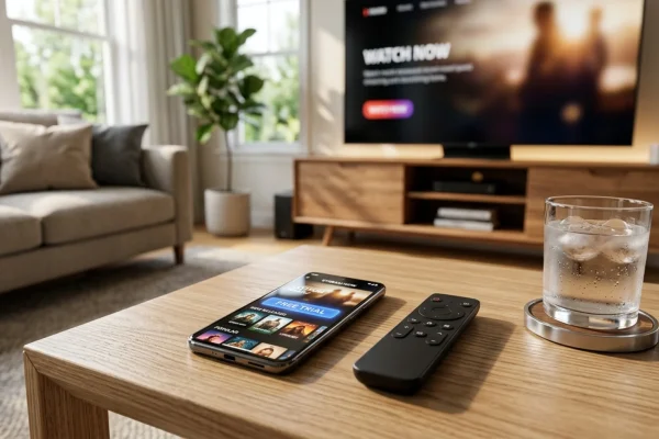 A smart TV displaying a streaming menu in a modern, cozy living room.