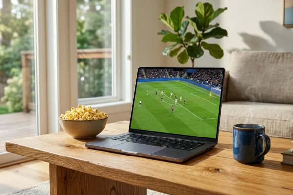 Excited sports fan watching a soccer match on a laptop screen.
