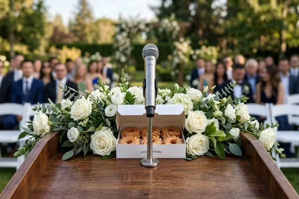 Adam Sandler leaning in to whisper to Taylor Swift at a wedding altar.