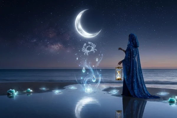 A glowing silver crescent moon surrounded by mystical crab constellations and dark, soothing ocean waves.