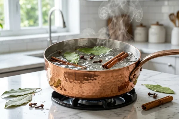 A simmering pot of water infused with bay leaves, cinnamon sticks, and whole cloves.