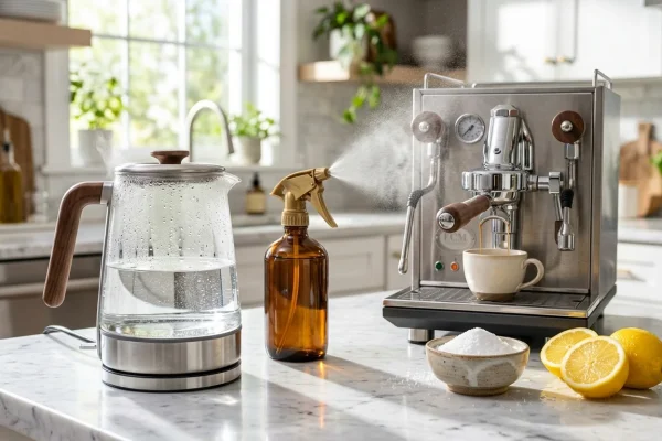 White citric acid powder next to a clean kitchen kettle