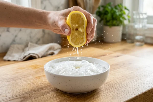 A fresh lemon cut in half next to a bowl of white baking soda powder.