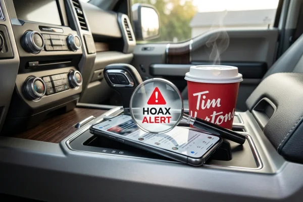 A smartphone displaying a fake news alert next to a steaming cup of coffee.