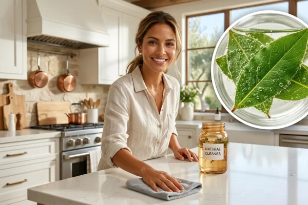 A glass jar filled with white vinegar and fresh bay leaves on a kitchen counter.