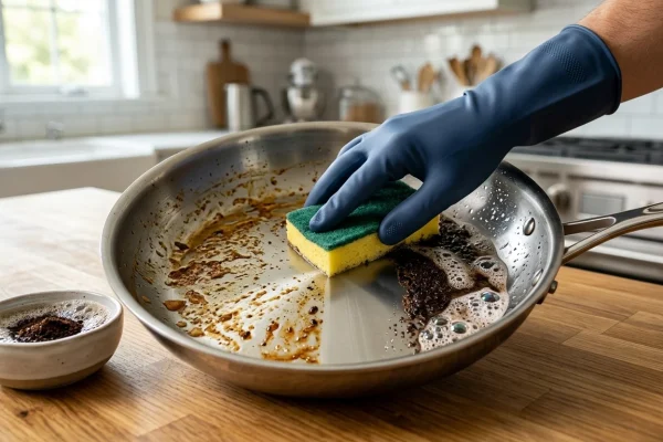 A natural cleaning mixture of coffee grounds and dish soap used on dirty cookware