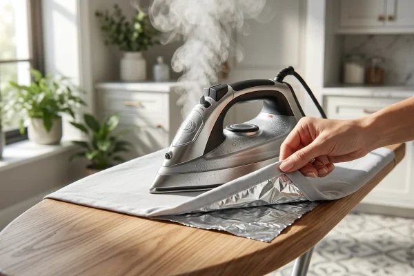 A standard household iron pressing out wrinkles on an ironing board over a hidden layer of aluminum foil.