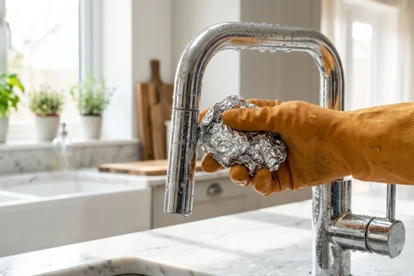 A crumpled ball of aluminum foil cleaning a shiny stainless steel faucet.