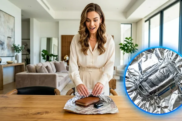 Car keys and wallet wrapped in aluminum foil to block wireless signals.