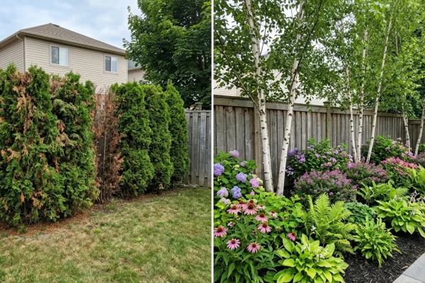 A modern, multi-layered backyard privacy garden with ornamental grasses, a wooden pergola, and a multi-stemmed birch tree.