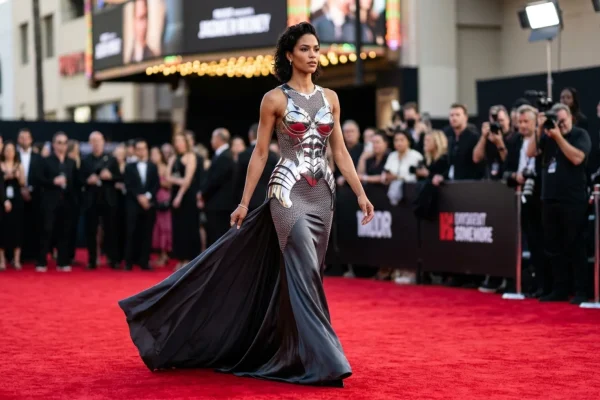 Zendaya posing on the London red carpet in a futuristic metallic gown.