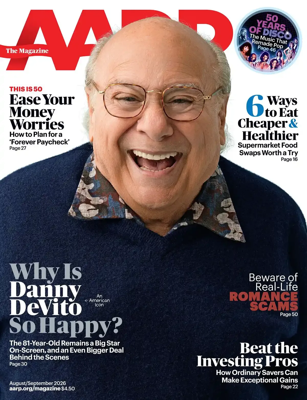 Danny DeVito smiling on the cover of AARP magazine