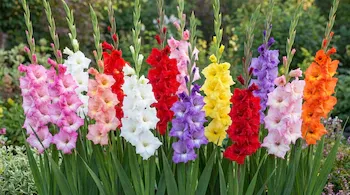 Espigas de gladiolos con flores rosadas, blancas, rojas, amarillas, violetas y anaranjadas, hojas verdes, y fondo verde desenfocado.