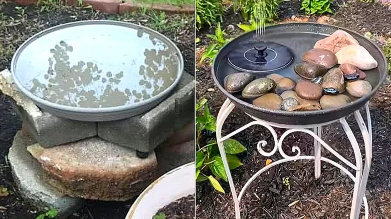 Split image of a DIY bird bath atop pavers, and a DIY bird bath with a solar fountain and stones