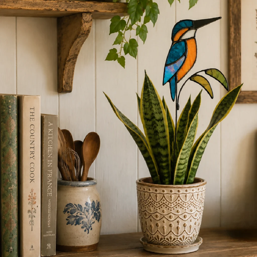 The Riverlight Kingfisher – Glass‑Winged Bird Resting on a Leafed Stem
