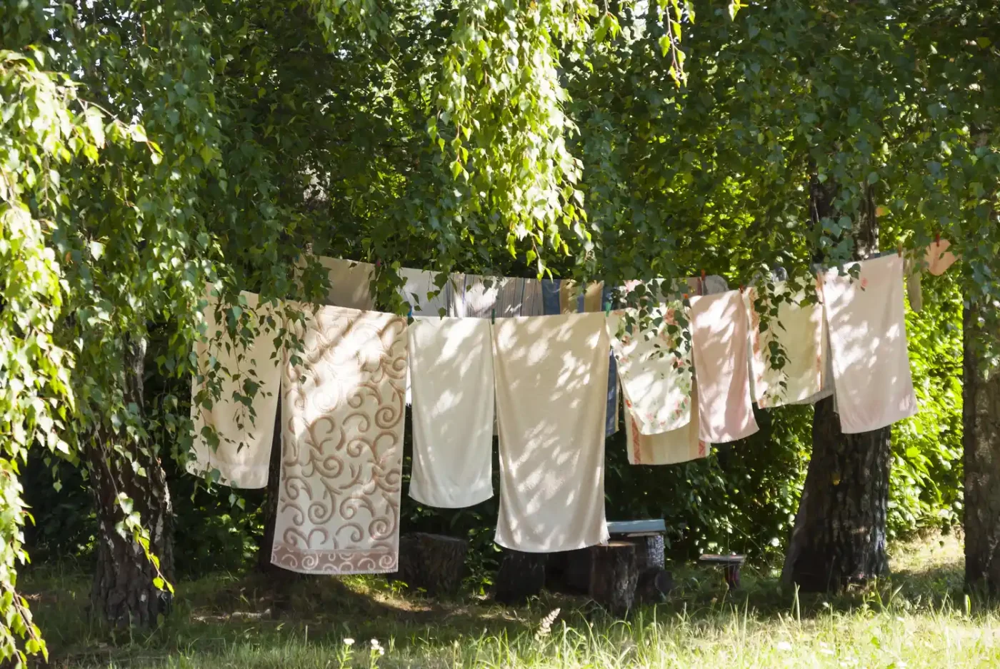 Towels drying outside on a clothesline