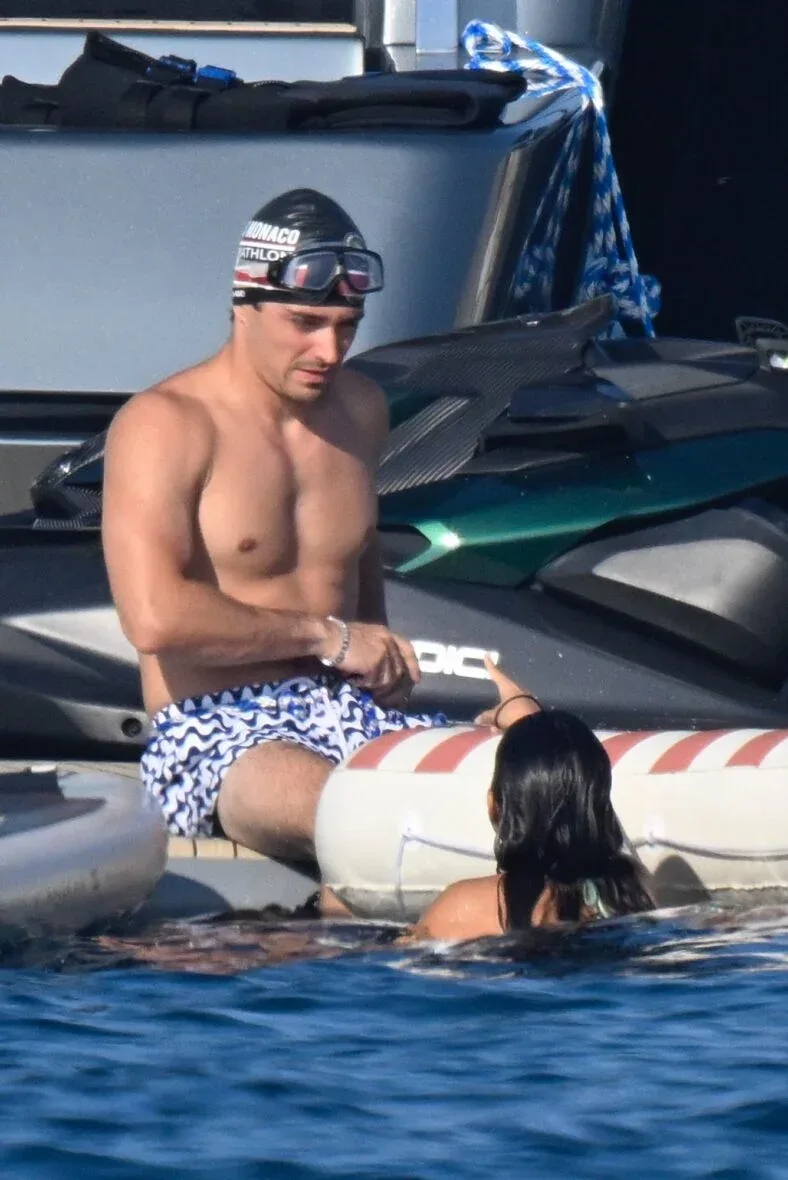 Charles Leclerc and wife Alexandra in their swimwear - her in a bikini, him in swim trunks - on a yacht on August 2, 2026