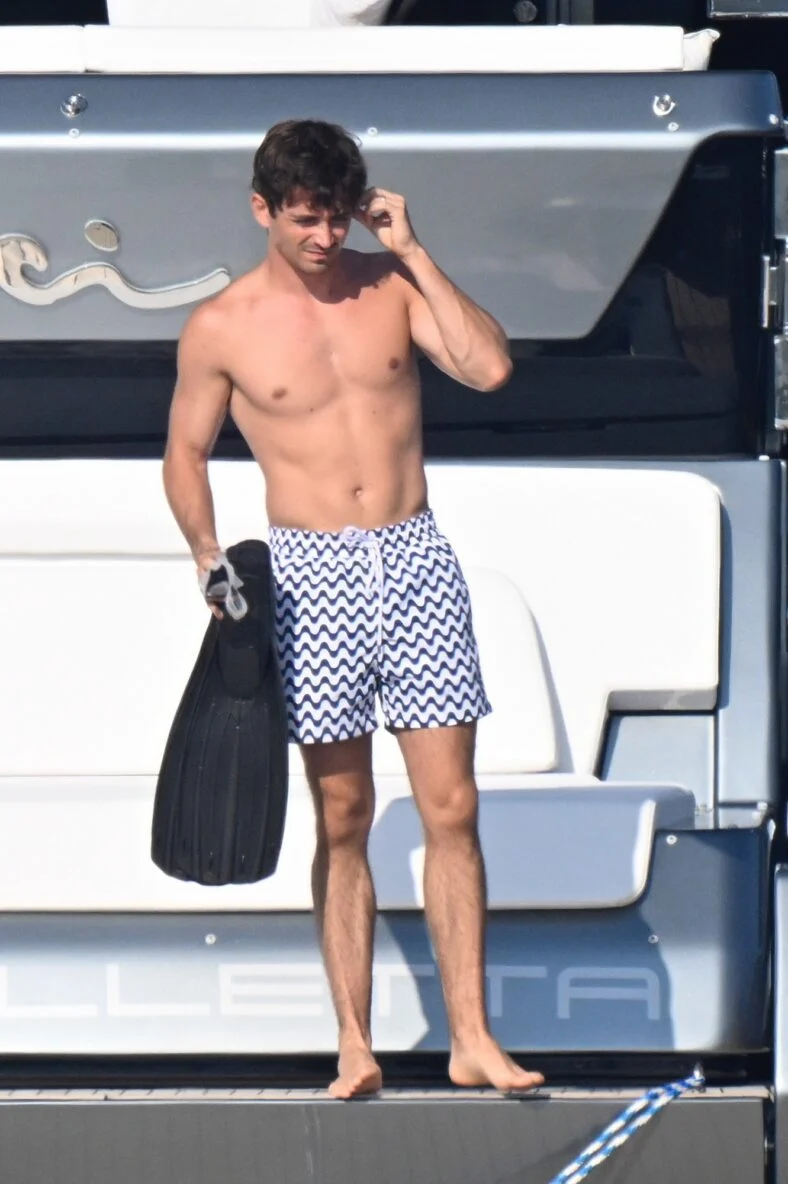 Charles Leclerc; shirtless in his swim trunks on a yacht on August 2, 2026