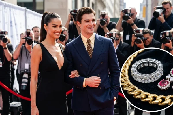 Dua Lipa and Callum Turner posing together at a red carpet event.