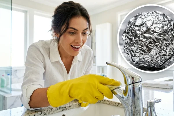 A metal faucet demonstrating where the aluminum foil cleaning trick is applied to remove hard water stains.