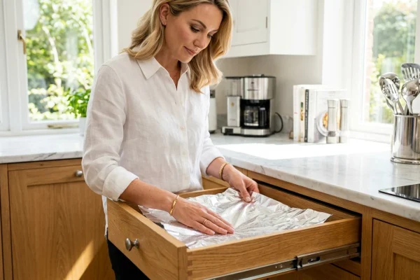 A kitchen drawer lined with a sheet of aluminum foil to protect the interior surface.