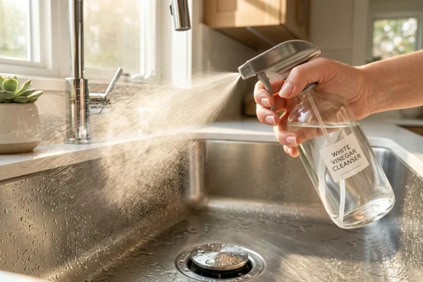 White vinegar being used as a cleaning solution in a kitchen sink.