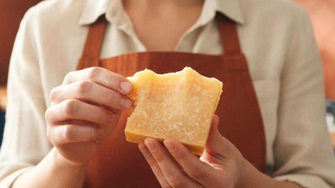 Eine Frau hält eine Parmesanrinde in der Hand.