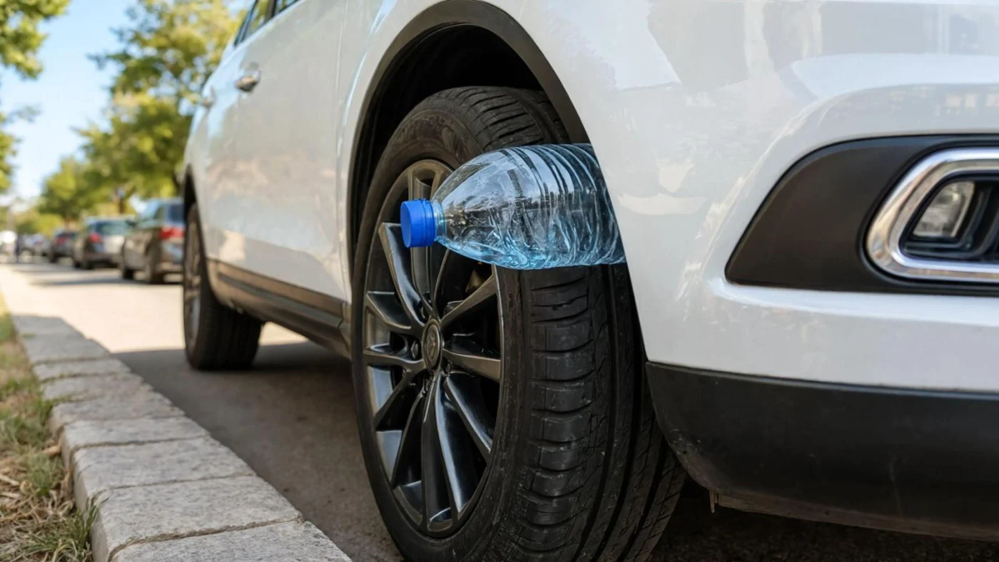 Eine Wasserflasche am Autoreifen ist ein Warnsignal