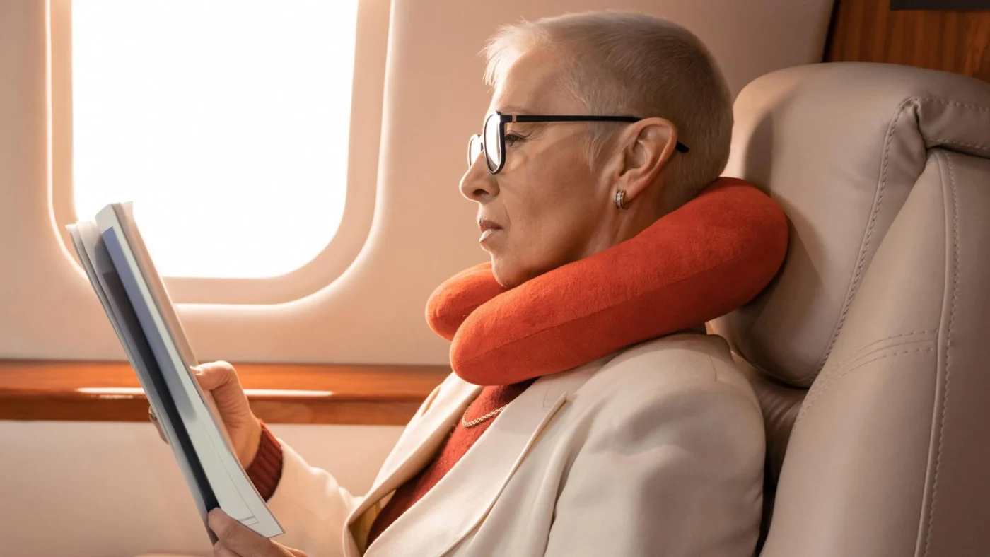 Frau liest Zeitschrift im Flugzeug mit einem Nackenkissen.
