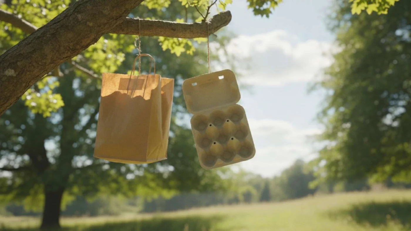 In einem Baum hängt ein leerer Eierkarton neben einer Papiertüte.