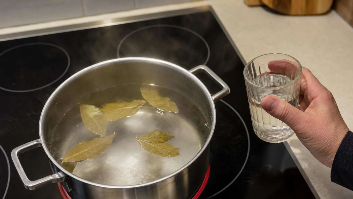 Neben einem Topf, in dem Wasser und Lorbeerblätter sind, hält eine Person ein halb volles Glas mit einer klaren Flüssigkeit.