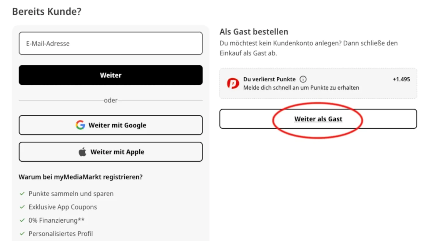 Option zur Gastbestellung in einem Shop.