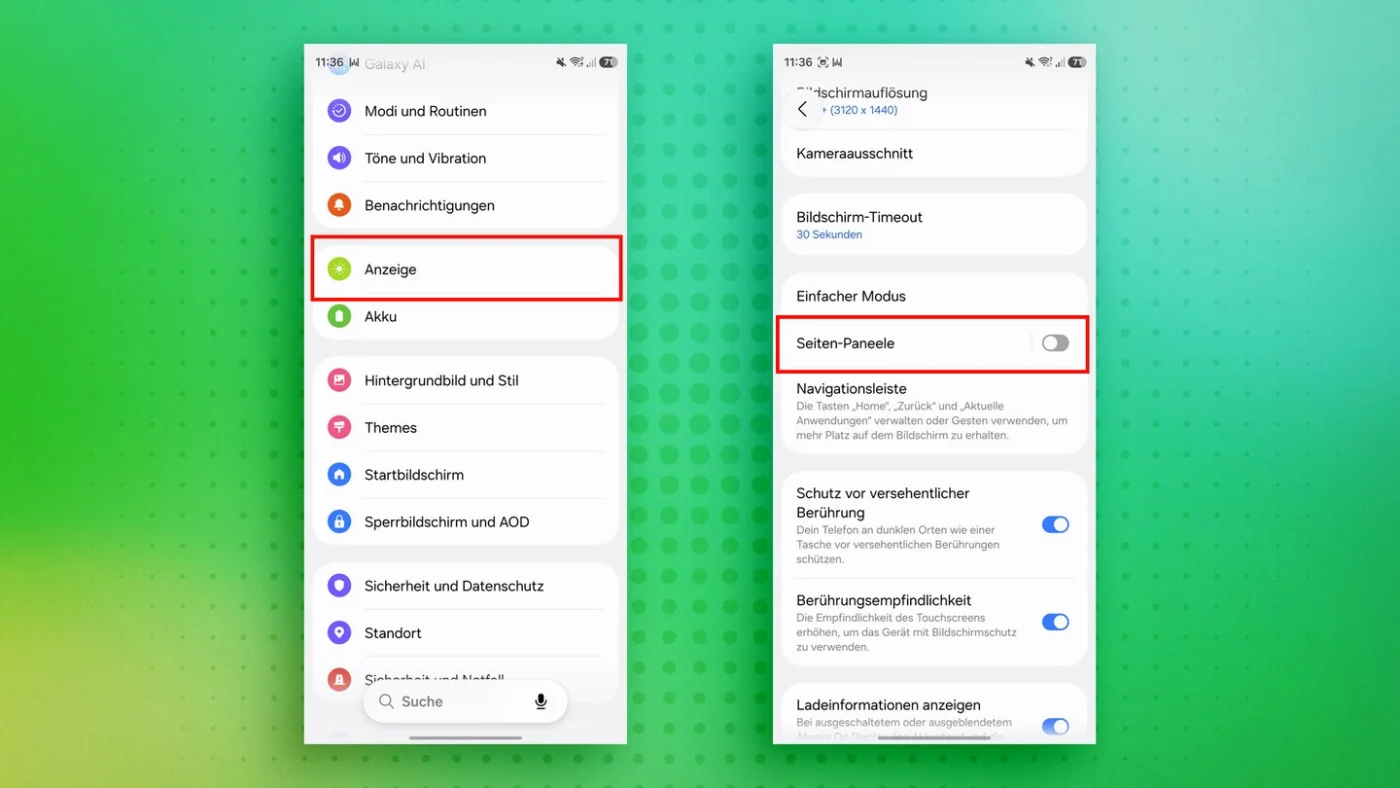 Samsung Seiten-Paneele Menü