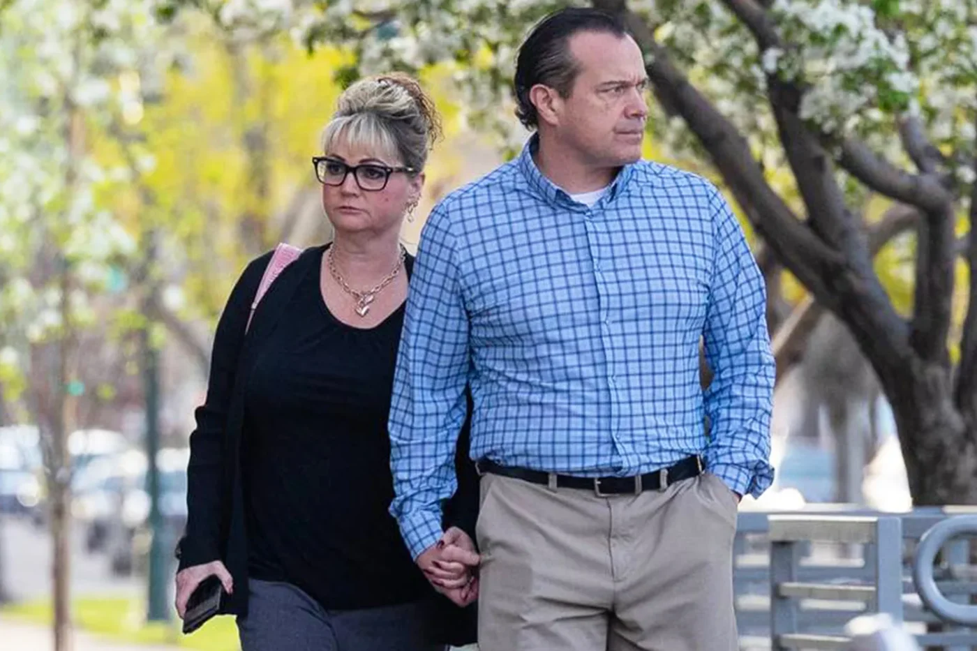 Steve and Kristi Goncalves arrive at the Ada County Courthouse for a hearing on April 9, 2025 in Boise, Idaho.